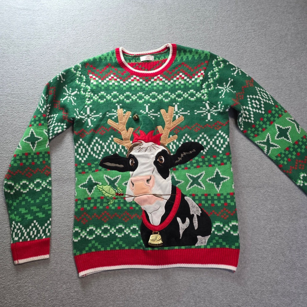 Holiday Time  Ugly Christmas Sweater Womens S Cow Reindeer 3D Bell Fair Isle